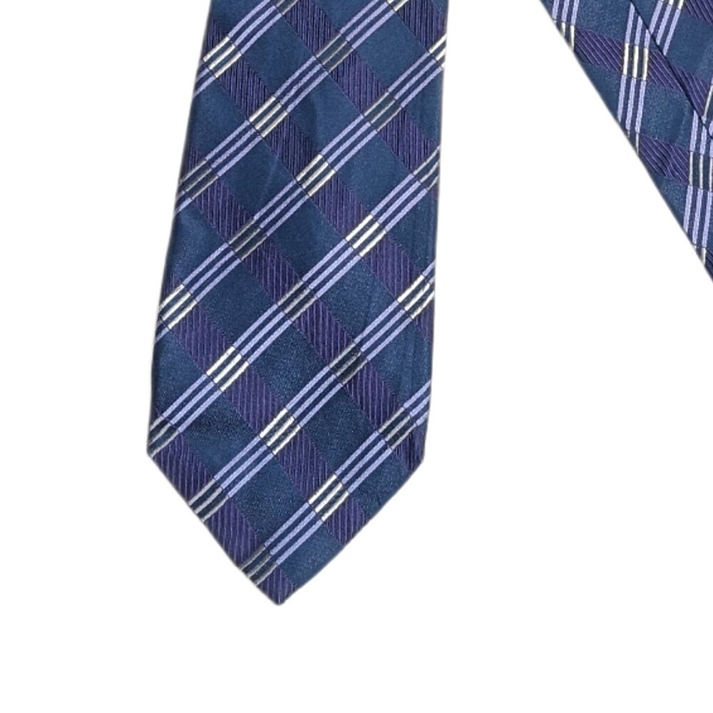 Michael Kors Silk Tie Men’s Long 62” Navy Purple Plaid Stripe Preppy Classic New